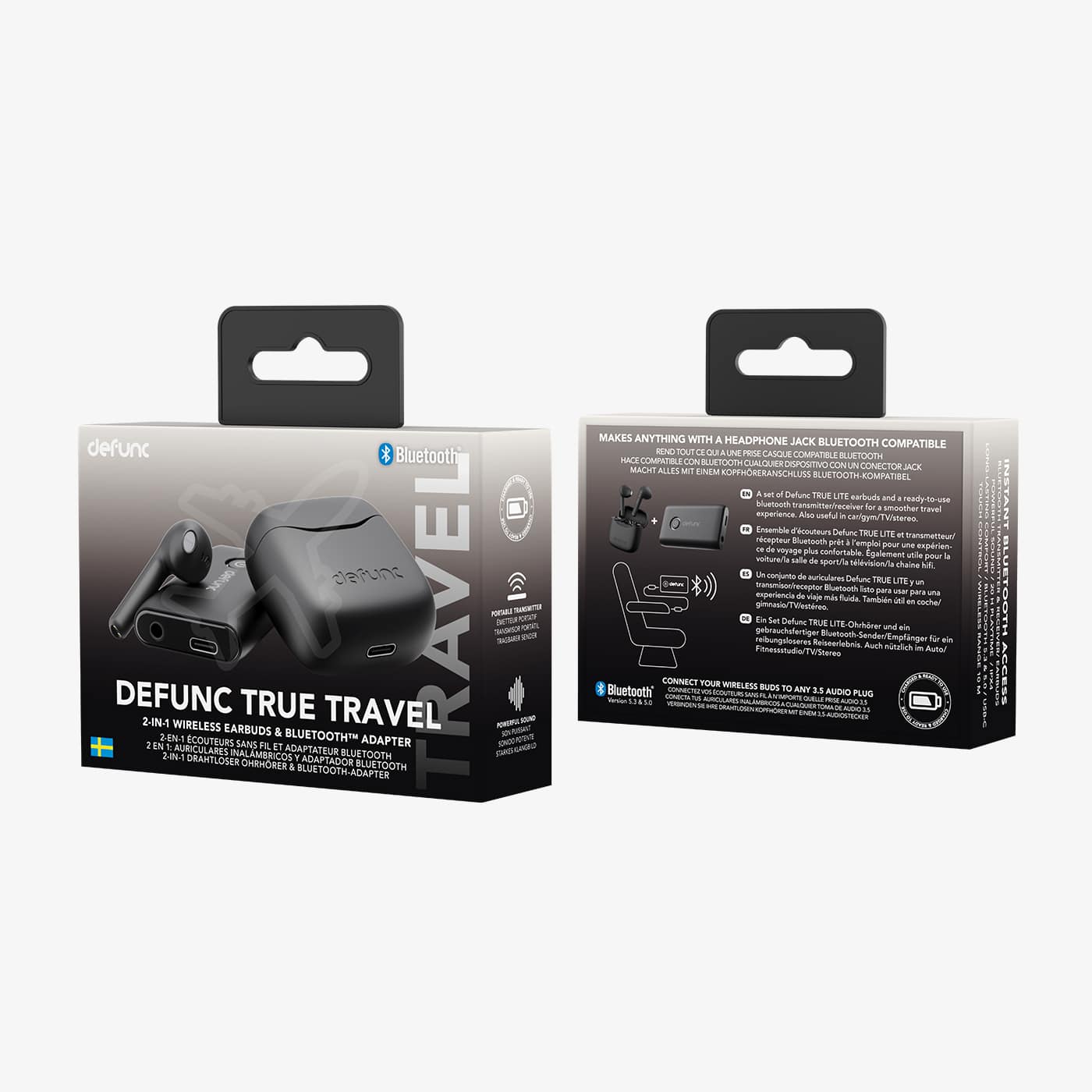 Defunc True Travel Earbuds Bluetooth Transmitter packaging black